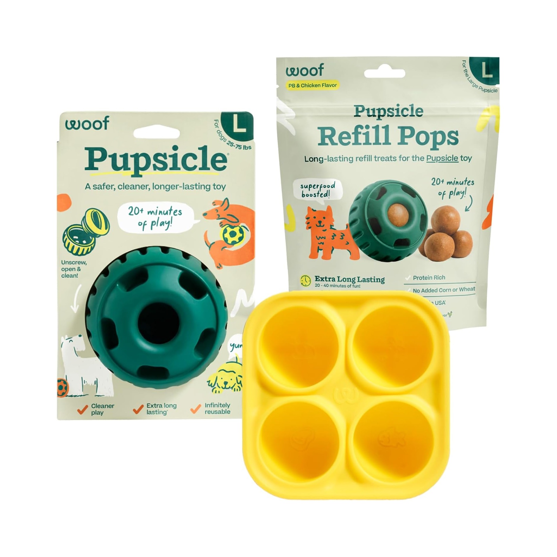 WOOF Pupsicle starter pack dog enrichment toy with treat mold and pops.